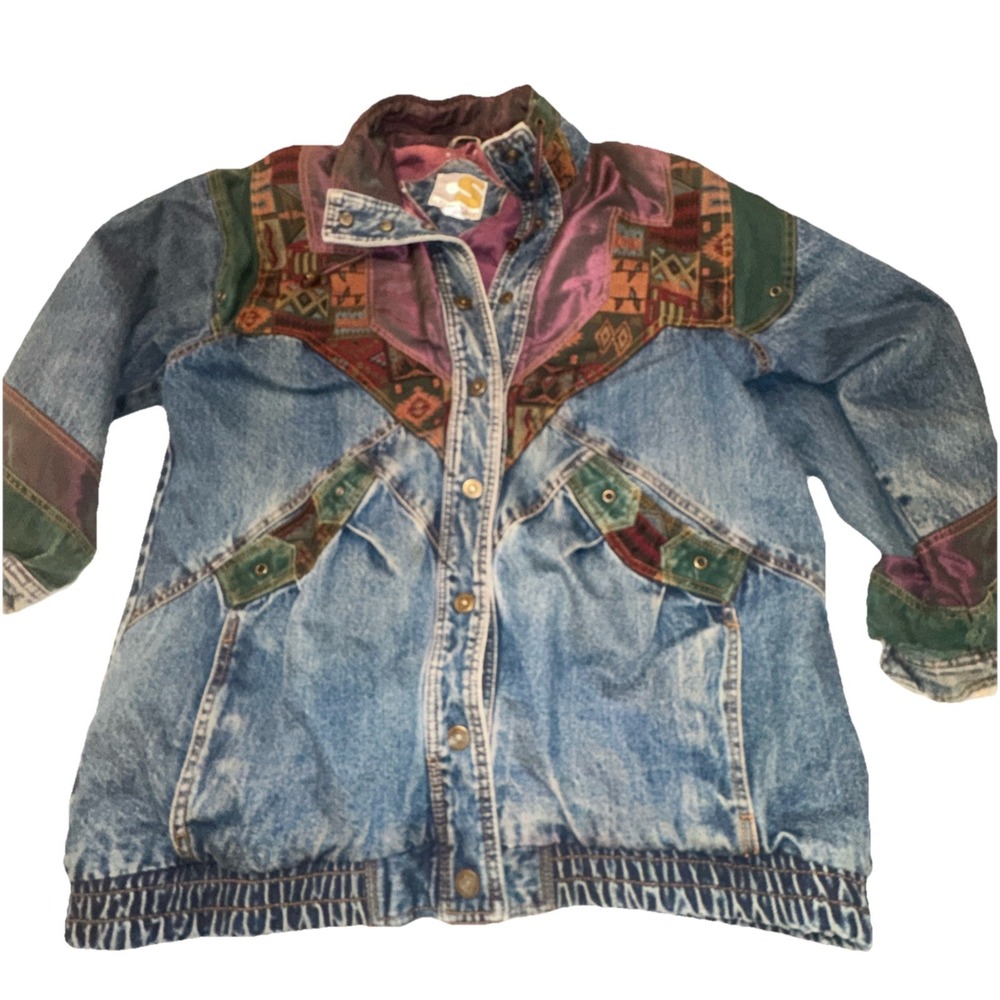 80's Vintage Current Seen Denim Jacket Womens Sz. Lg Aztec Snap Front See Pics